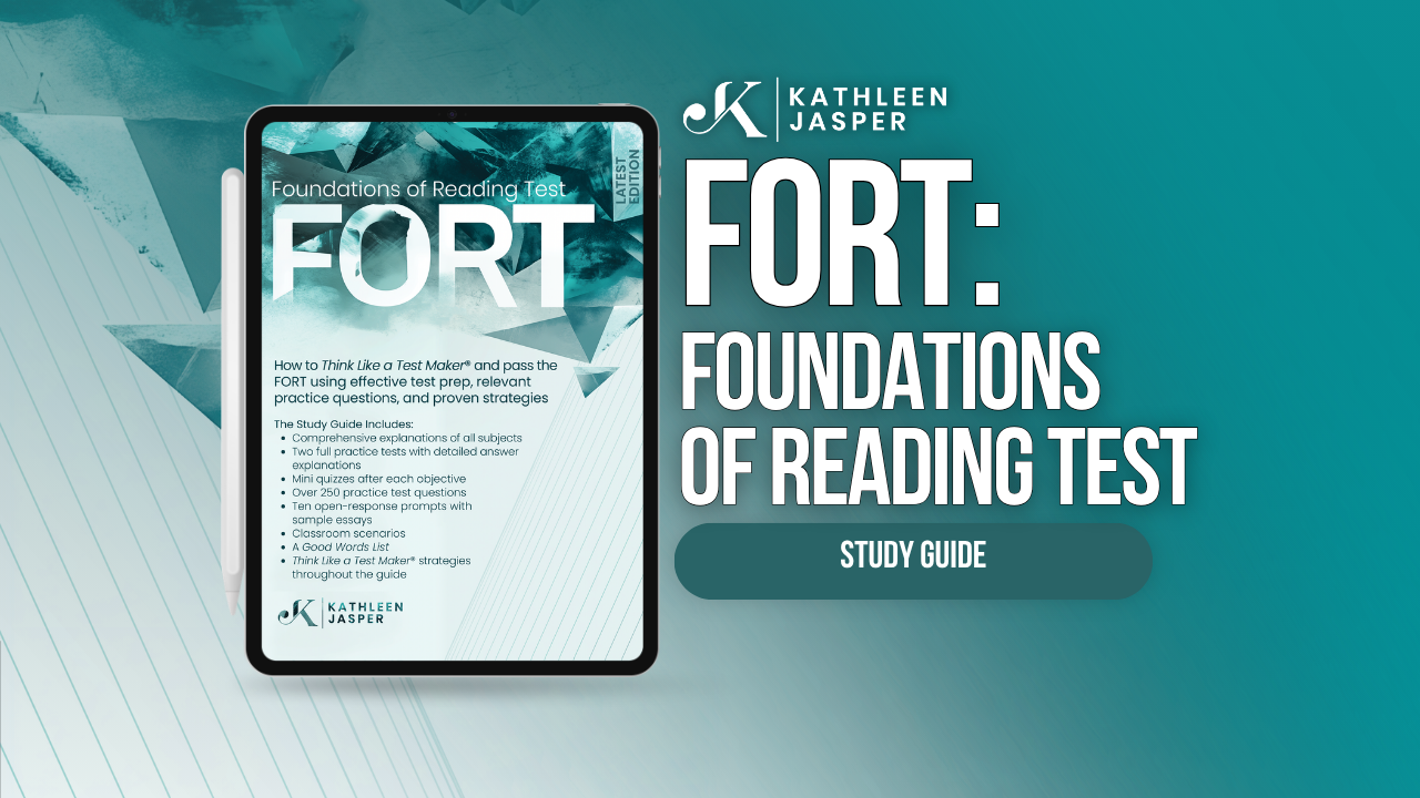 Promotional graphic for the Kathleen Jasper study guide 'FORT: Foundations of Reading Test,' showing a tablet mockup with the guide cover and large title text on a teal background.