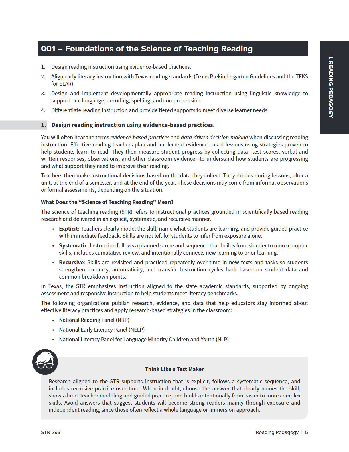A single-page educational document titled '001 - Foundations of the Science of Teaching Reading' with numbered paragraphs, a small diagram, and a 'Think Like a Test Maker' section on a white page.
