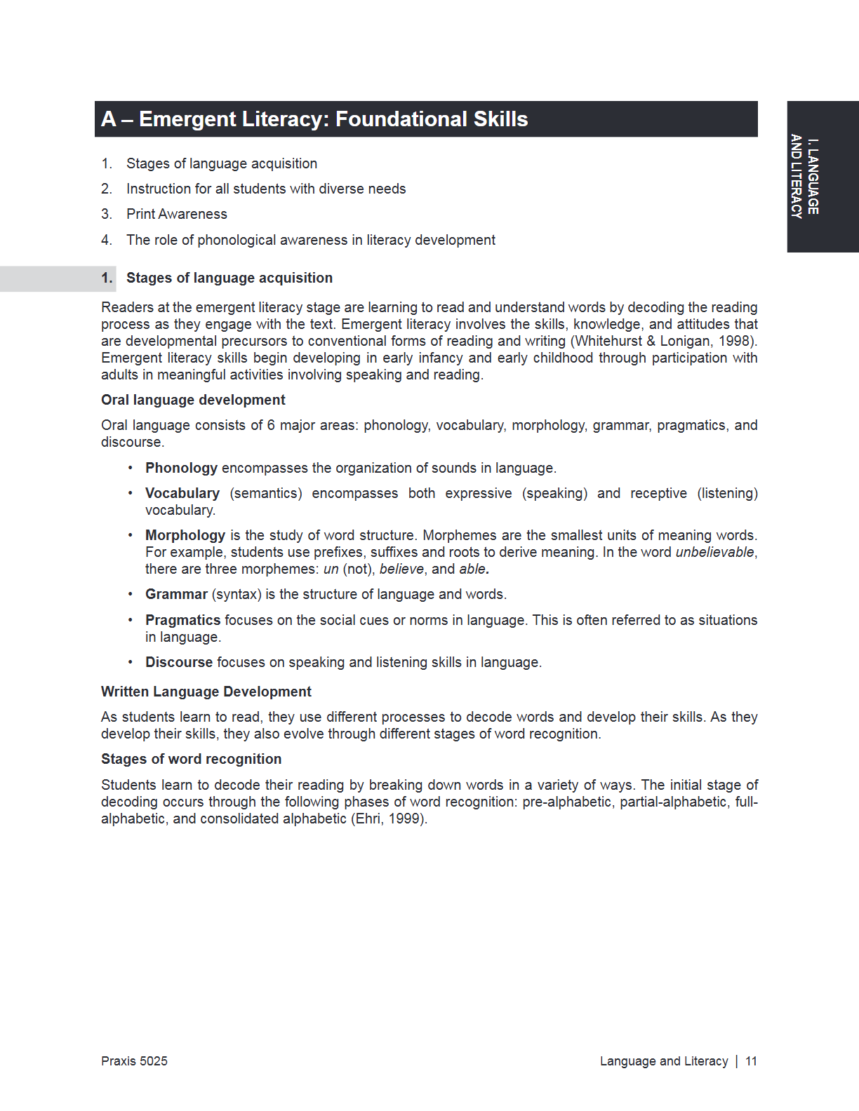 A page from an educational document titled 'A – Emergent Literacy: Foundational Skills' with numbered sections on oral language development, written language development, and stages of word recognition, printed in black text on a white page.