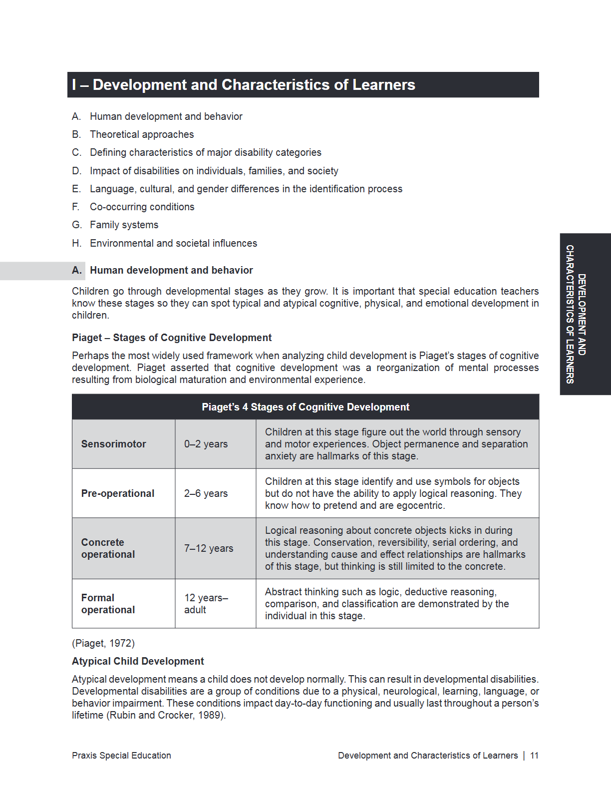 A black-and-white educational document page titled 'I - Development and Characteristics of Learners' with bullet points and a table labeled 'Piaget's Stages of Cognitive Development.'.