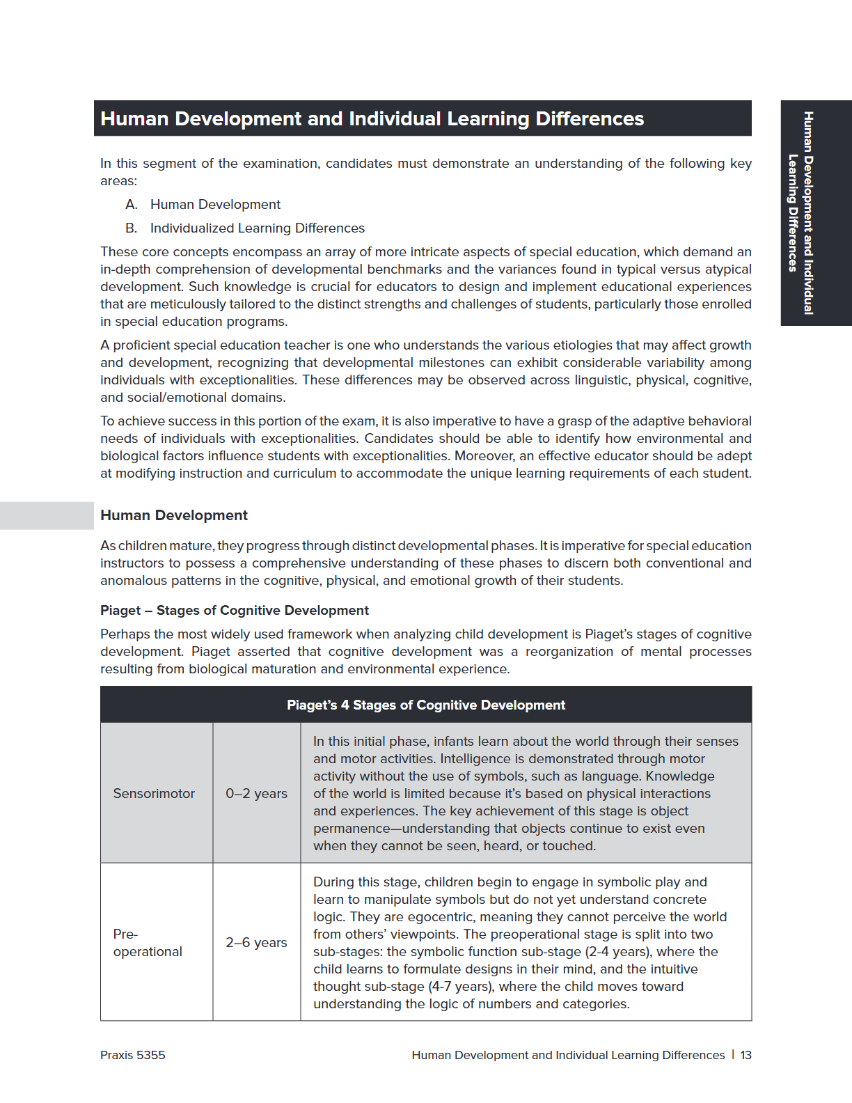 A printed page from a textbook or study guide titled 'Human Development and Individual Learning Differences,' with text sections and a table labeled 'Page 4 Stages of Cognitive Development' showing developmental age ranges.
