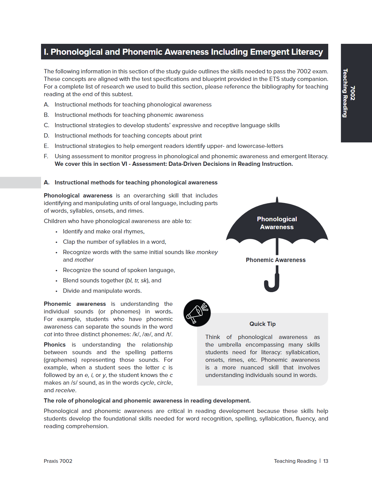 A single-page educational document titled 'I. Phonological and Phonemic Awareness including Emergent Literacy' with instructional text, diagrams, and a 'Quick Tip' box on a white page.
