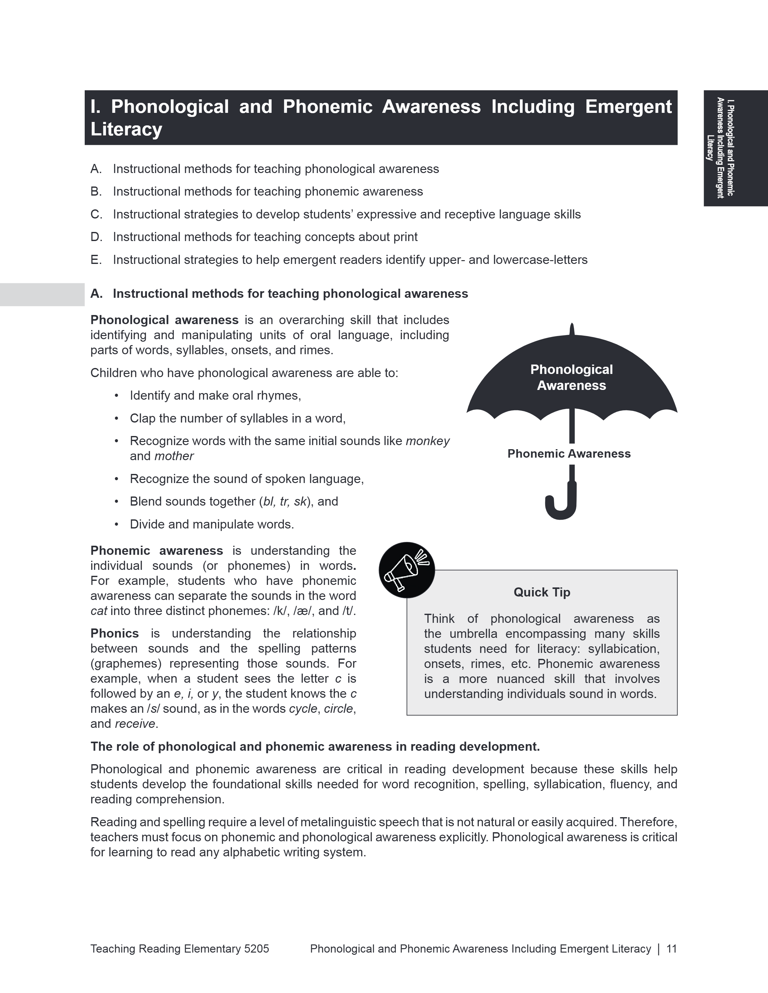 A page from Teaching Reading Elementary 2/205 about Phonological and Phonemic Awareness, featuring a bulleted list of instructional methods, a definition of phonemic awareness, a 'Quick Tip' section, and a small diagram.