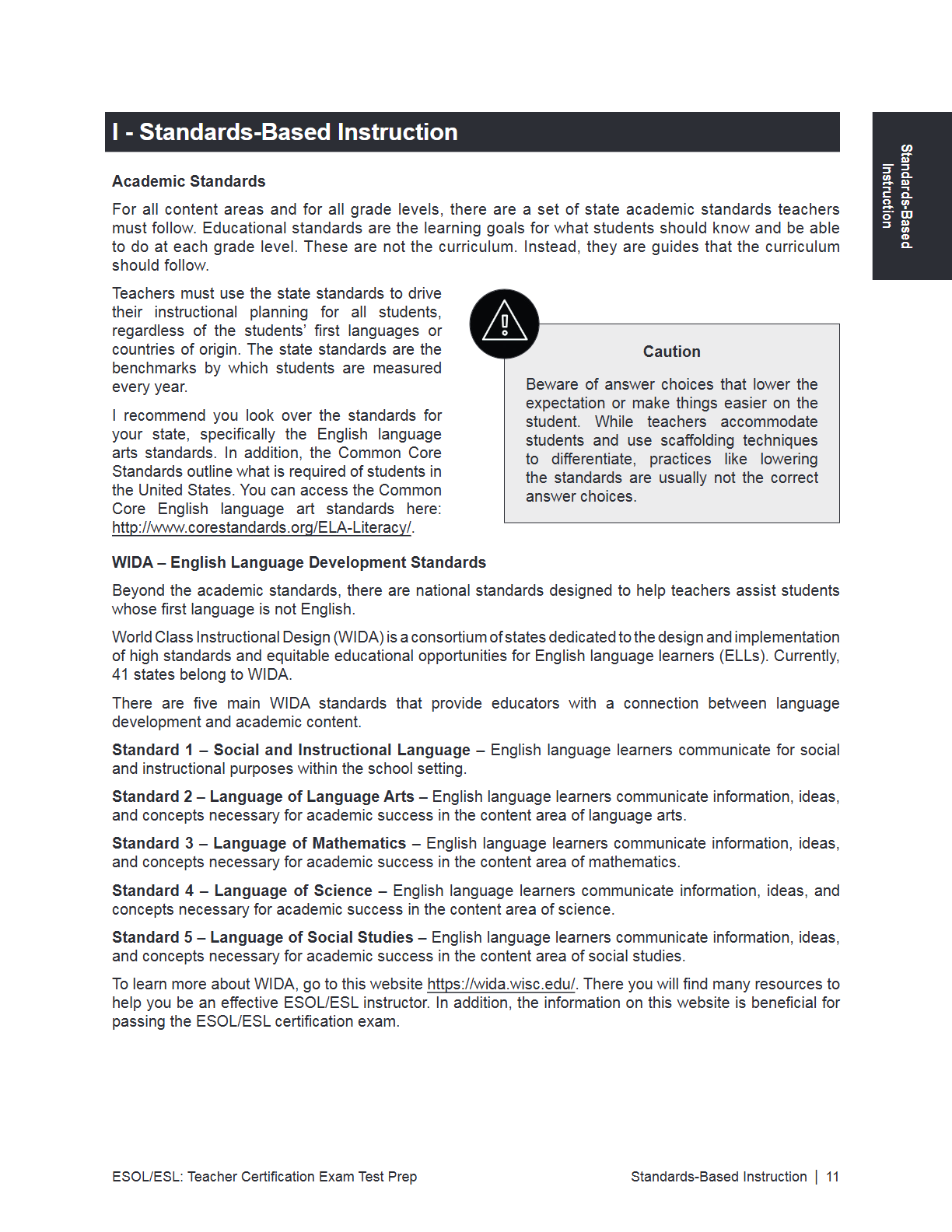 A digital preview page of an ESOL ESL Teacher Certification Exam Test Prep book, showing Chapter 1 titled 'Standards-Based Instruction'. The page features black text on a white background with a prominent black and white warning icon in the center.