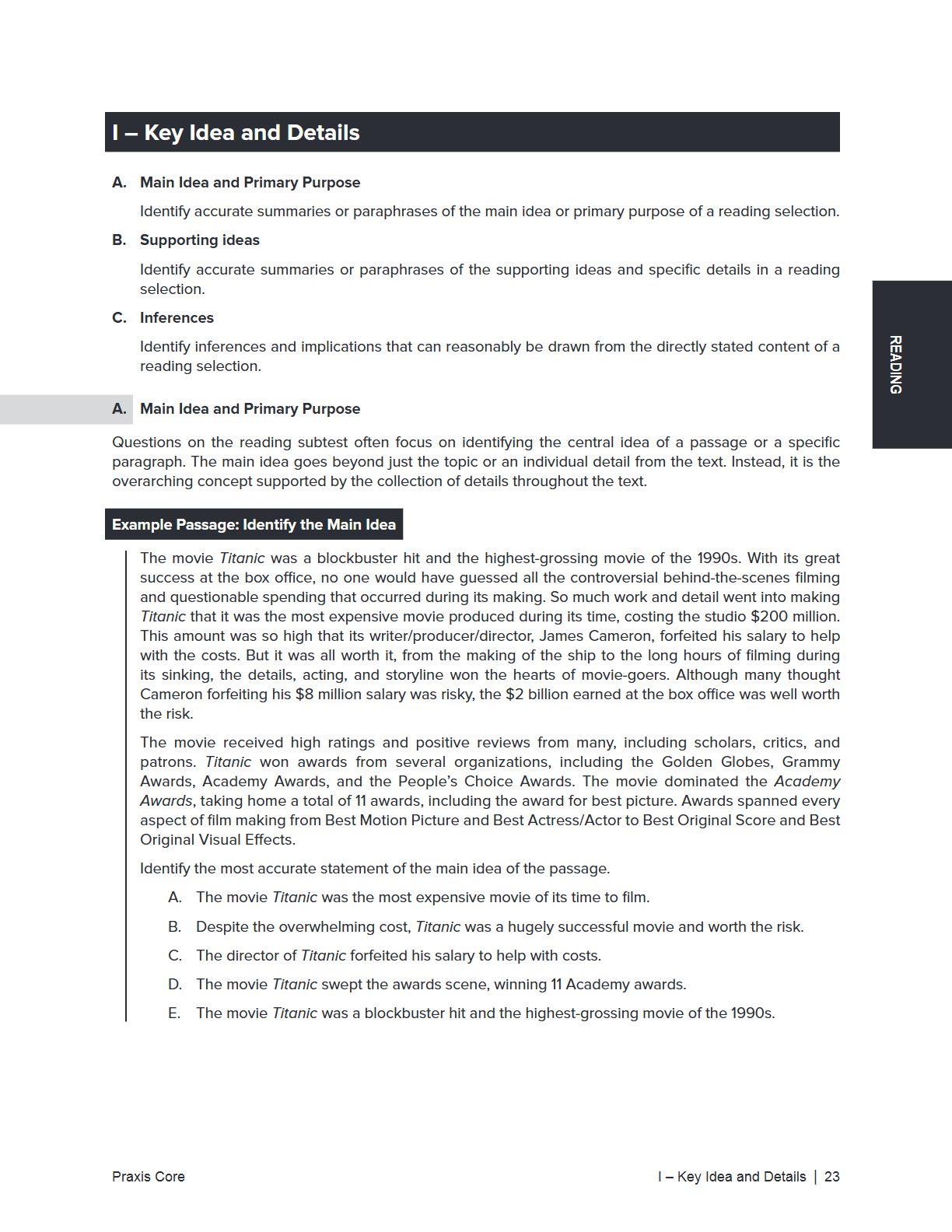 A black-and-white instructional page titled 'I - Key Idea and Details' with text sections about identifying main ideas, supporting ideas, and inferences from a reading selection, plus an example passage about the movie Titanic.