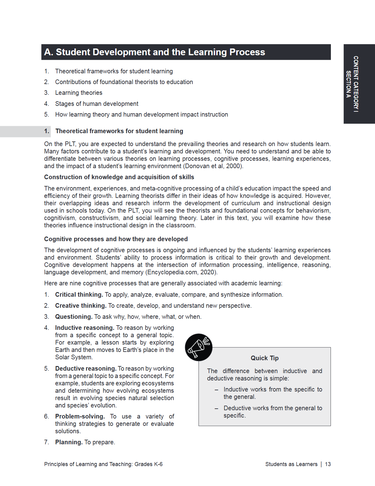 A black-and-white educational worksheet titled 'A. Student Development and the Learning Process' with numbered sections, a 'Quick Tip' box, and a small diagram illustrating inductive and deductive reasoning.