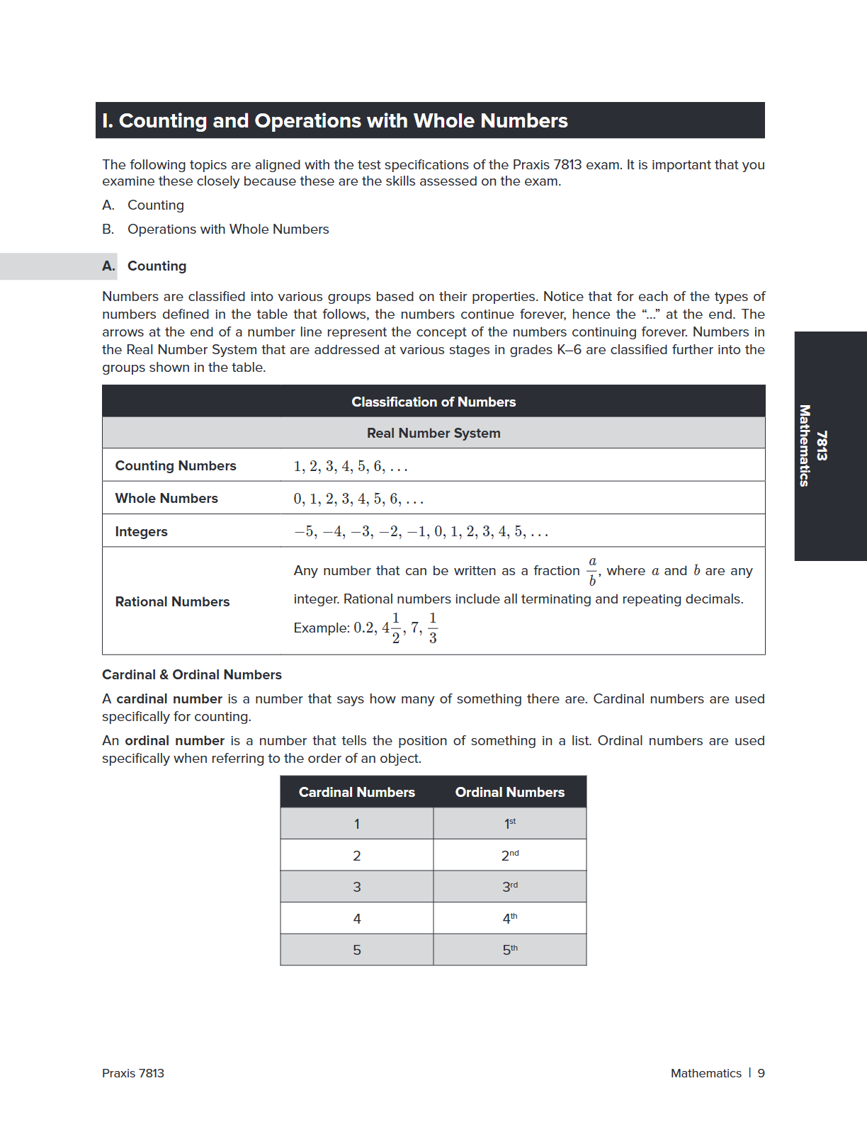 A scanned educational worksheet page from Cambridge International Examinations (CIE) Mathematics, showing topics on counting and operations with whole numbers, including a table of real number systems and examples of cardinal and ordinal numbers.