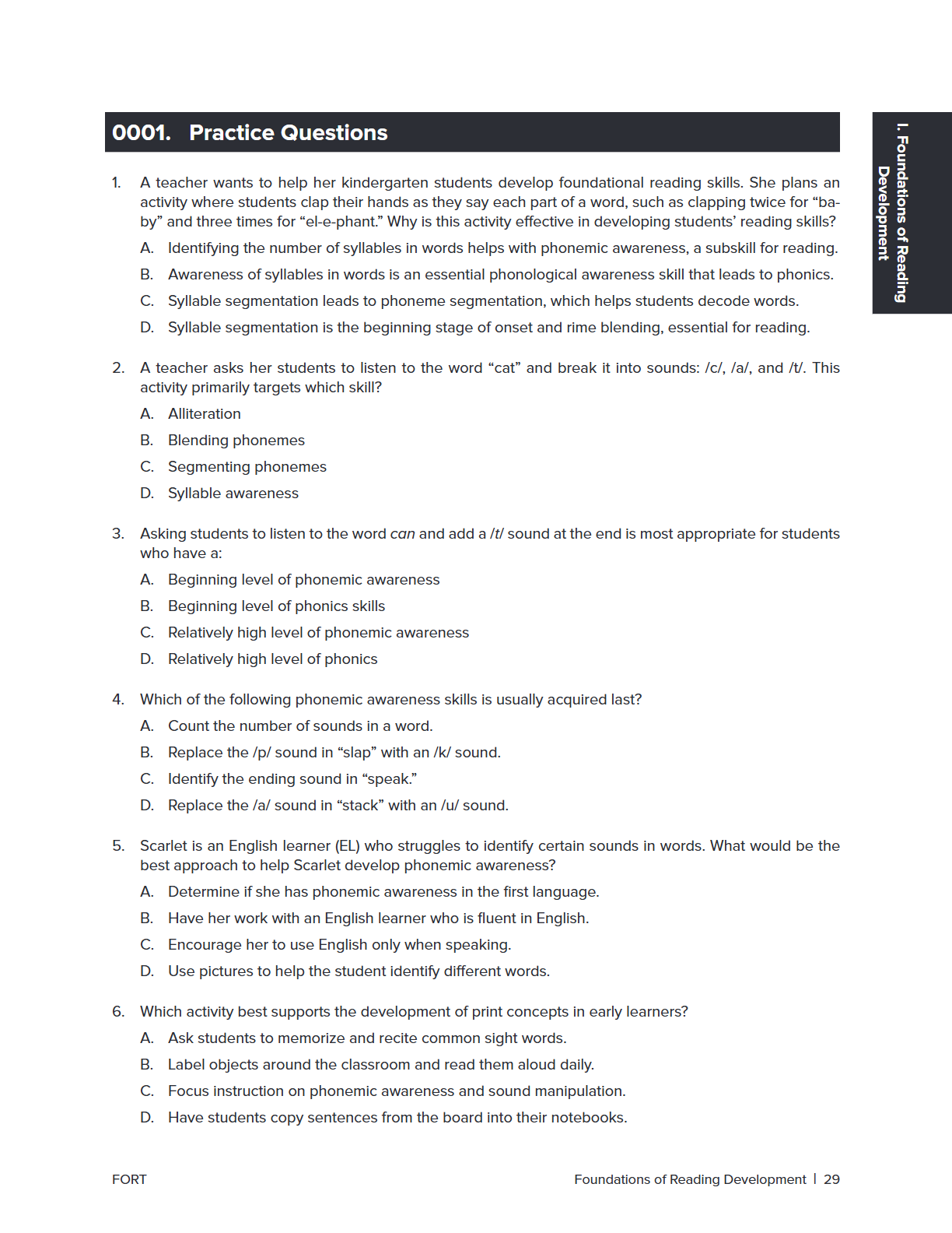 A printed educational worksheet titled '0001. Practice Questions' with a short reading comprehension activity about syllables and phonics, plus a sidebar note reading 'Syllable Awareness | 2nd Order.