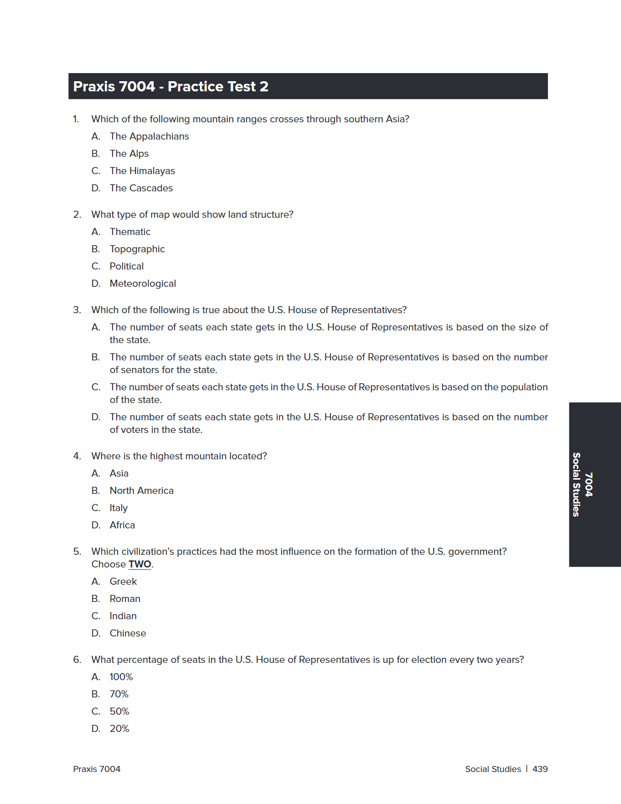 A black-and-white practice test page titled 'Praxis 7004 - Practice Test 2' with multiple-choice questions about geography and U.S.