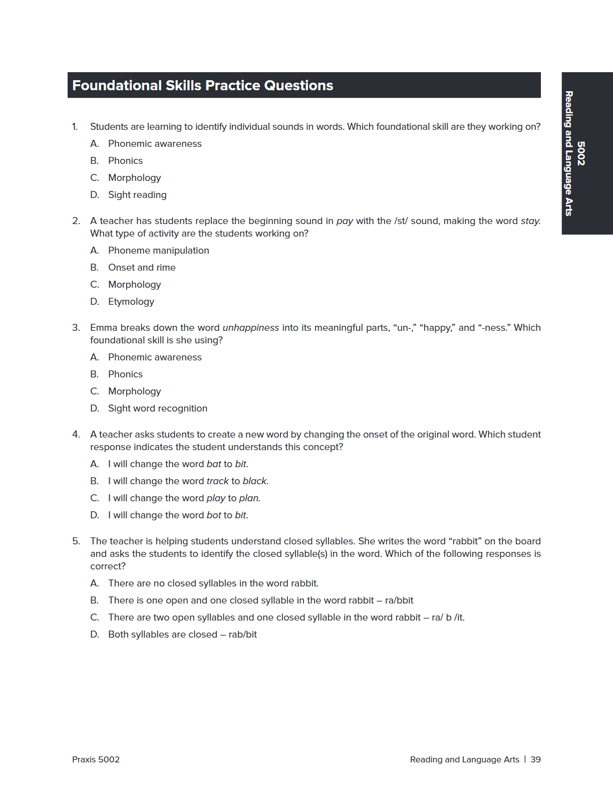 A black and white educational worksheet titled 'Foundational Skills Practice Questions' with multiple-choice questions about phonics and reading skills, plus page footer text 'Prens 5002' and 'Reading and Language Arts'.