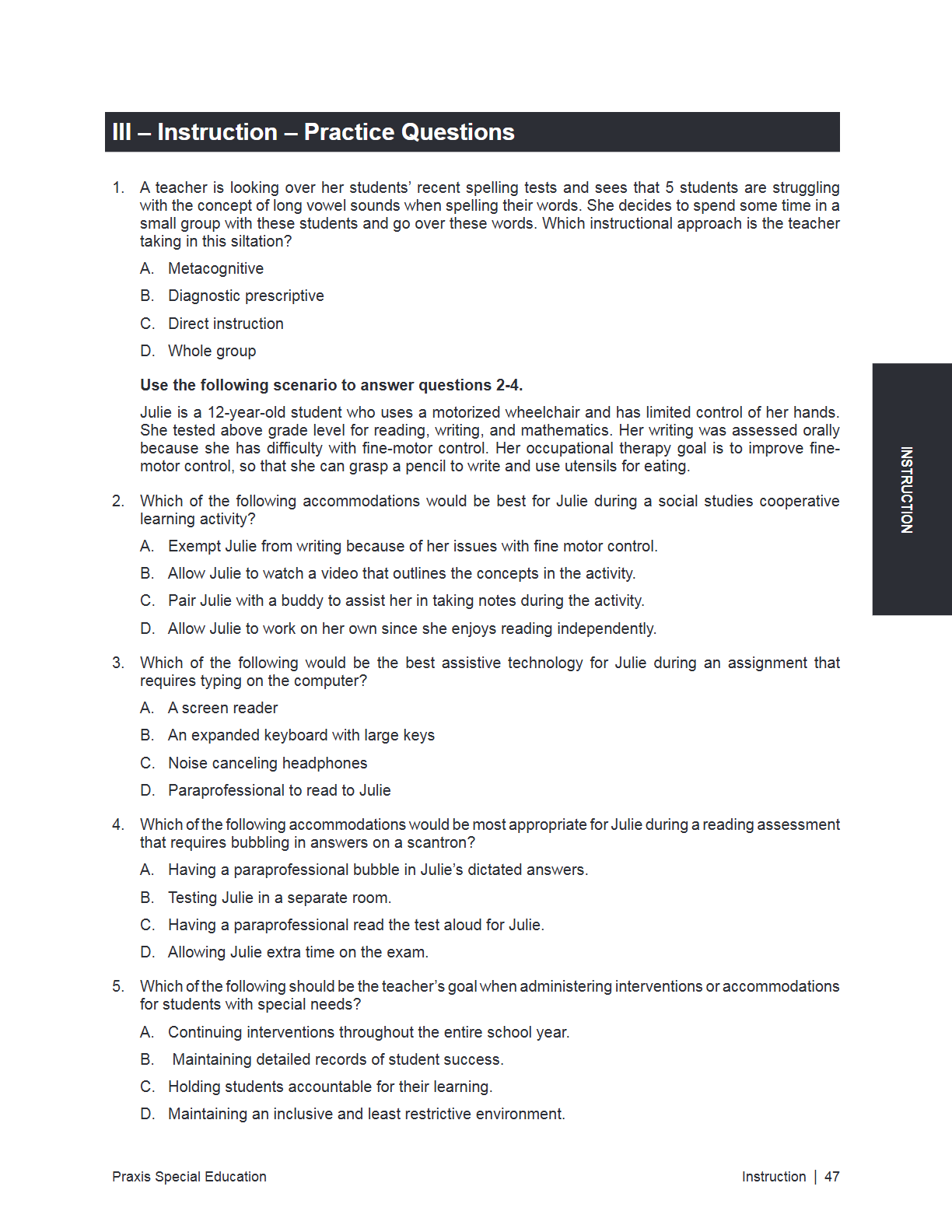 A printed worksheet page titled 'III - Instruction - Practice Questions' with a scenario about a therapist helping a student with reading and multiple-choice questions below.