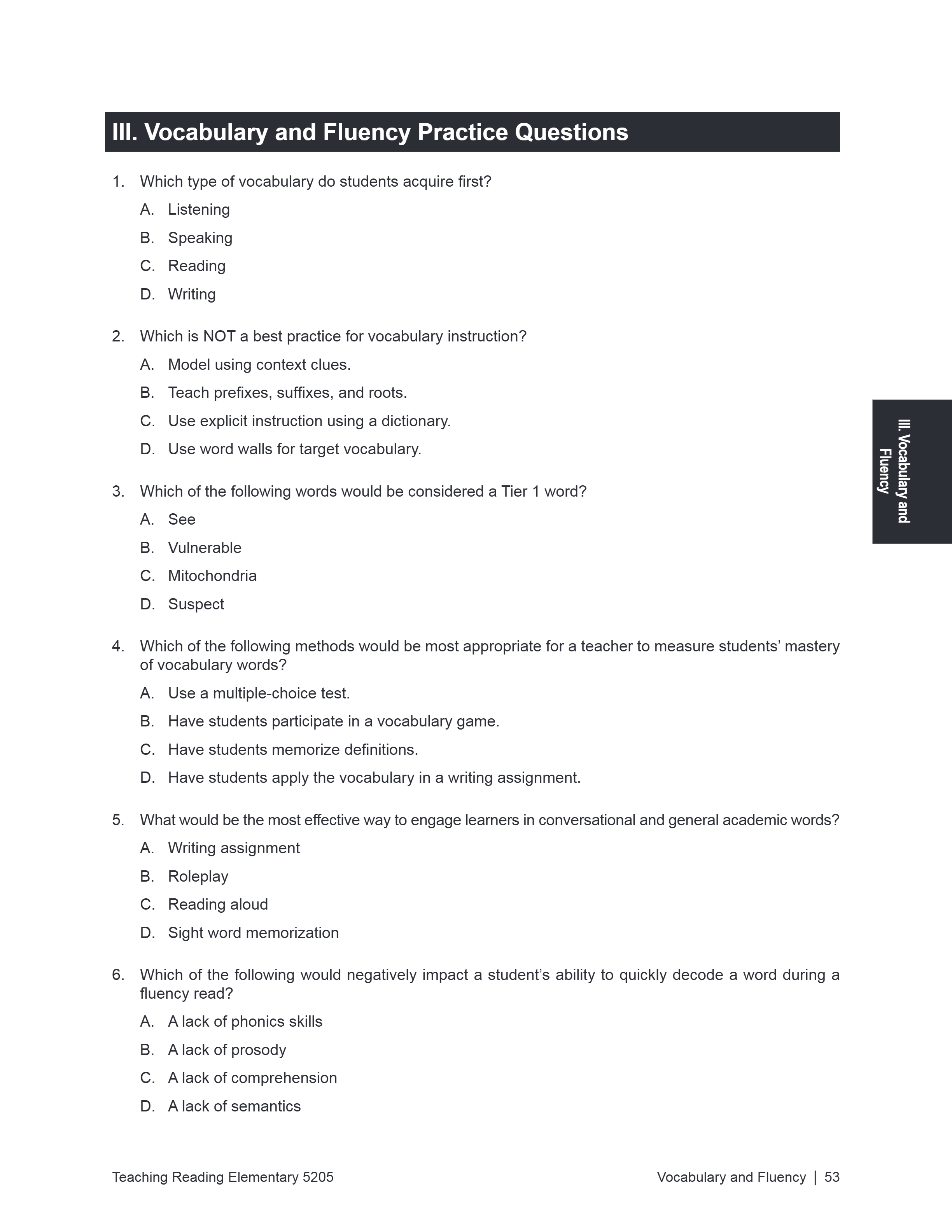 A printed worksheet page titled 'III. Vocabulary and Fluency Practice Questions' with multiple-choice questions about vocabulary acquisition and instruction methods, plus a footer reading 'Teaching Vocabulary Elementary 2025 Vocabulary and Fluency | 53'.