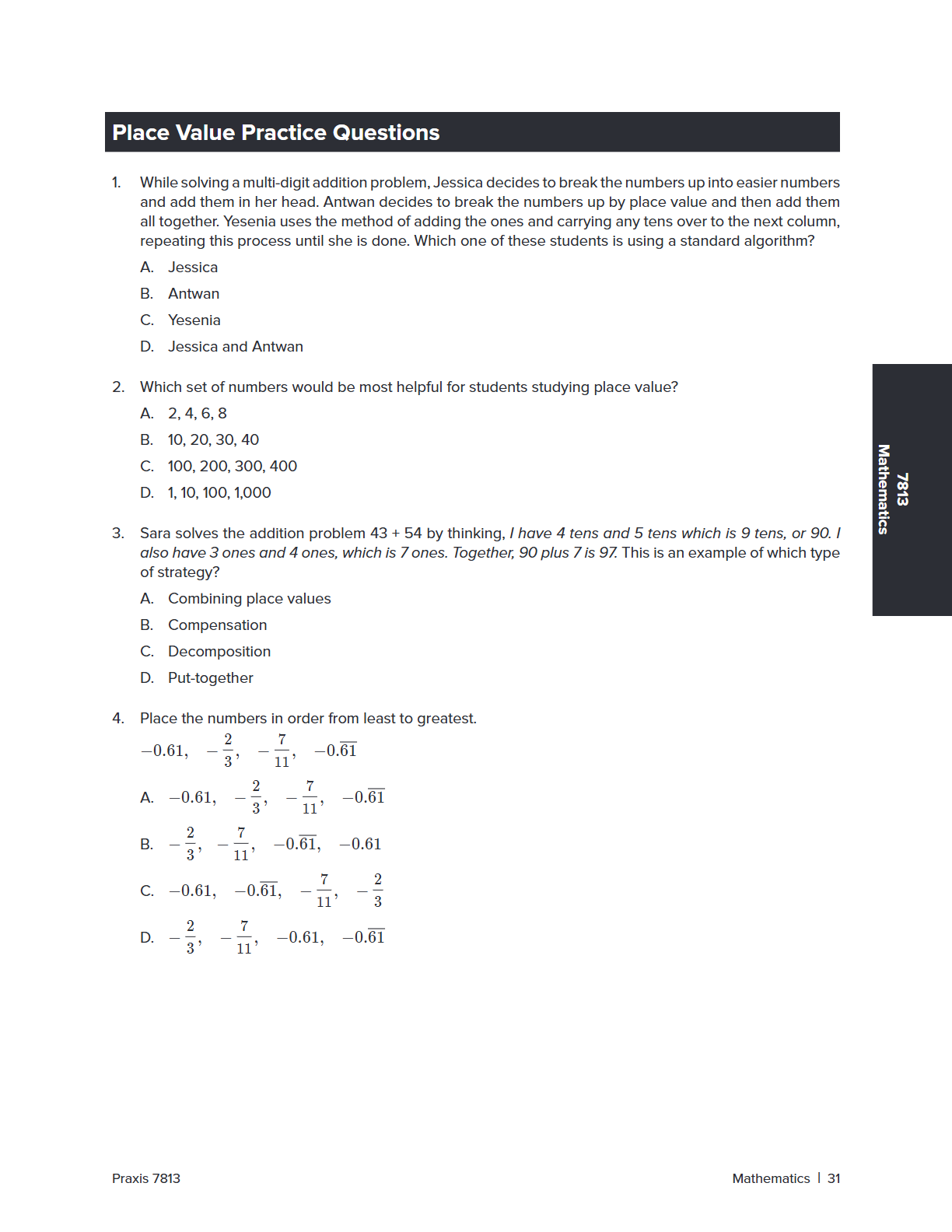 A page from a mathematics workbook titled 'Place Value Practice Questions' with three practice problems and multiple-choice options, labeled as Mathematics on page 7933.