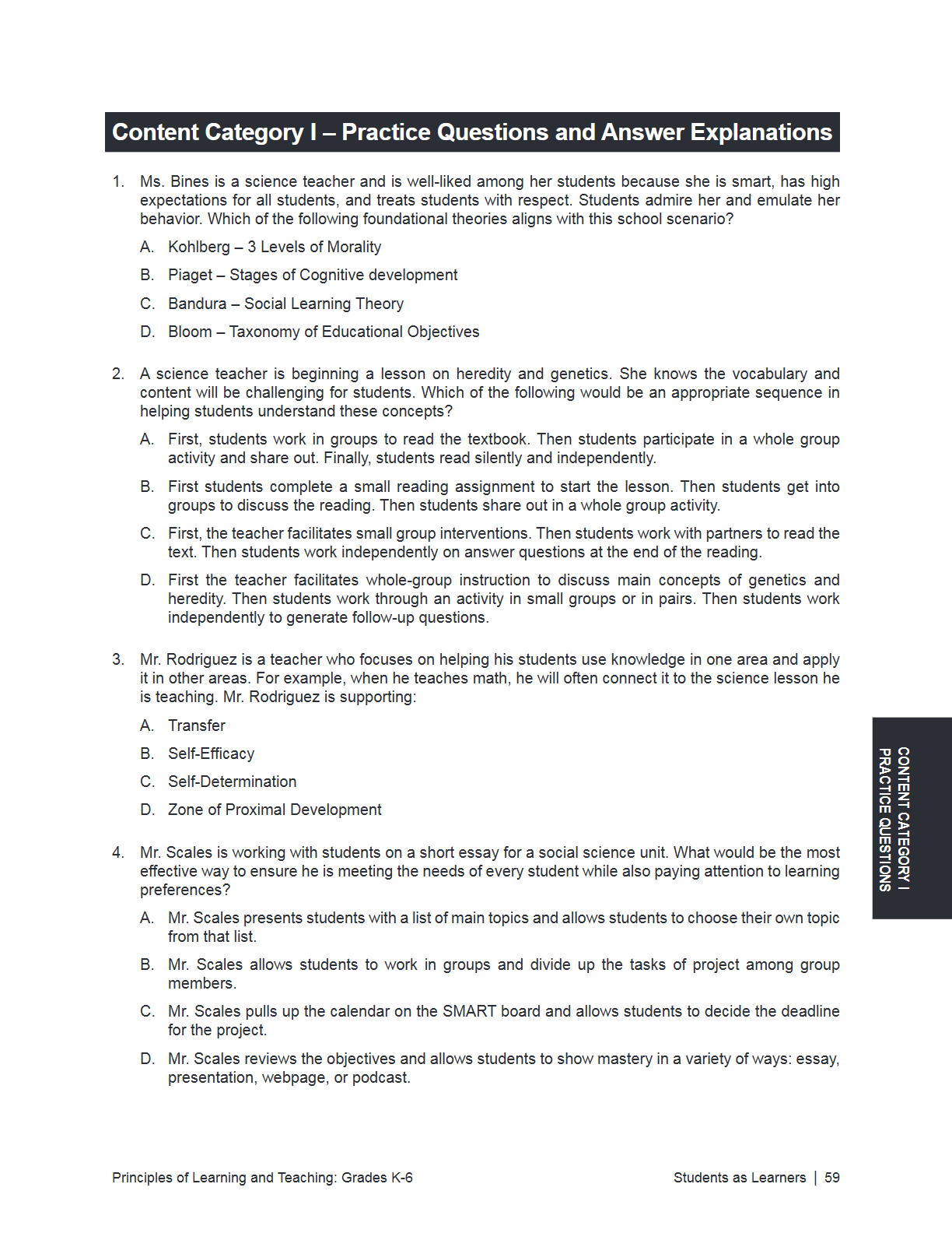 A printed educational worksheet page titled 'Content Category I - Practice Questions and Answer Explanations' with multiple short-answer questions about educational theories and scales, plus a footer reading 'Principles and Learning and Teaching Grade K-6' and 'Students as Learners | 59'.