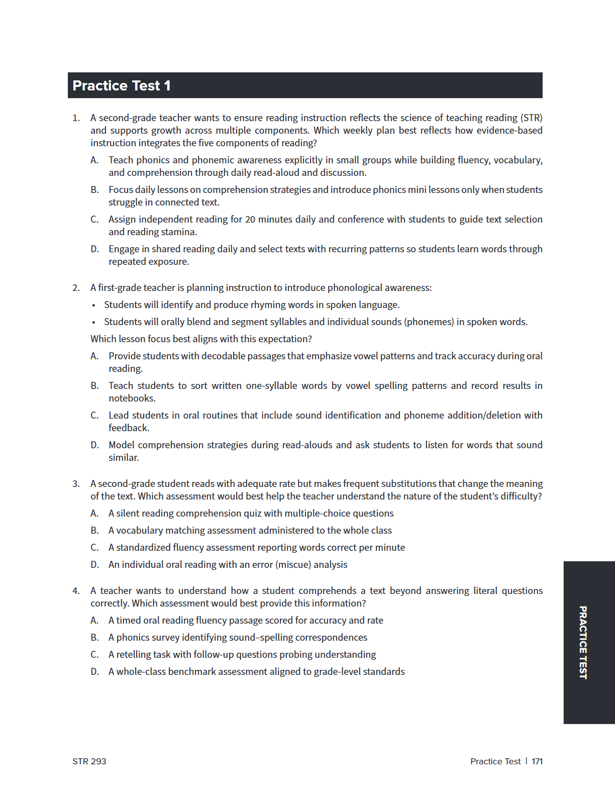 A page from a teacher training guide titled 'Practice Test 1' with multiple-choice questions about second and first grade teaching strategies, including phonics, reading fluency, and assessment methods.