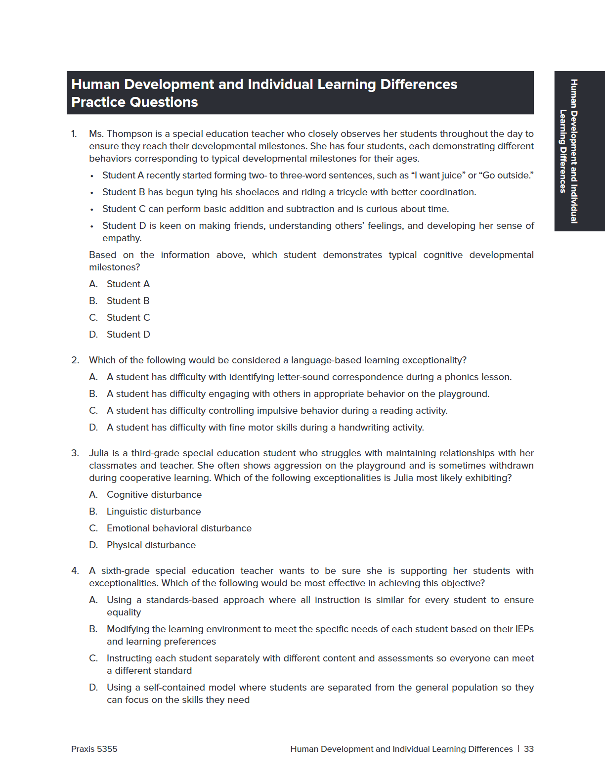 A printed educational worksheet page titled 'Human Development and Individual Learning Differences Practice Questions' with black text on a white page, plus a narrow dark sidebar on the right with headings such as 'Personality,' 'Language,' 'Cognition,' 'Motivation,' and 'Social Skills.'.
