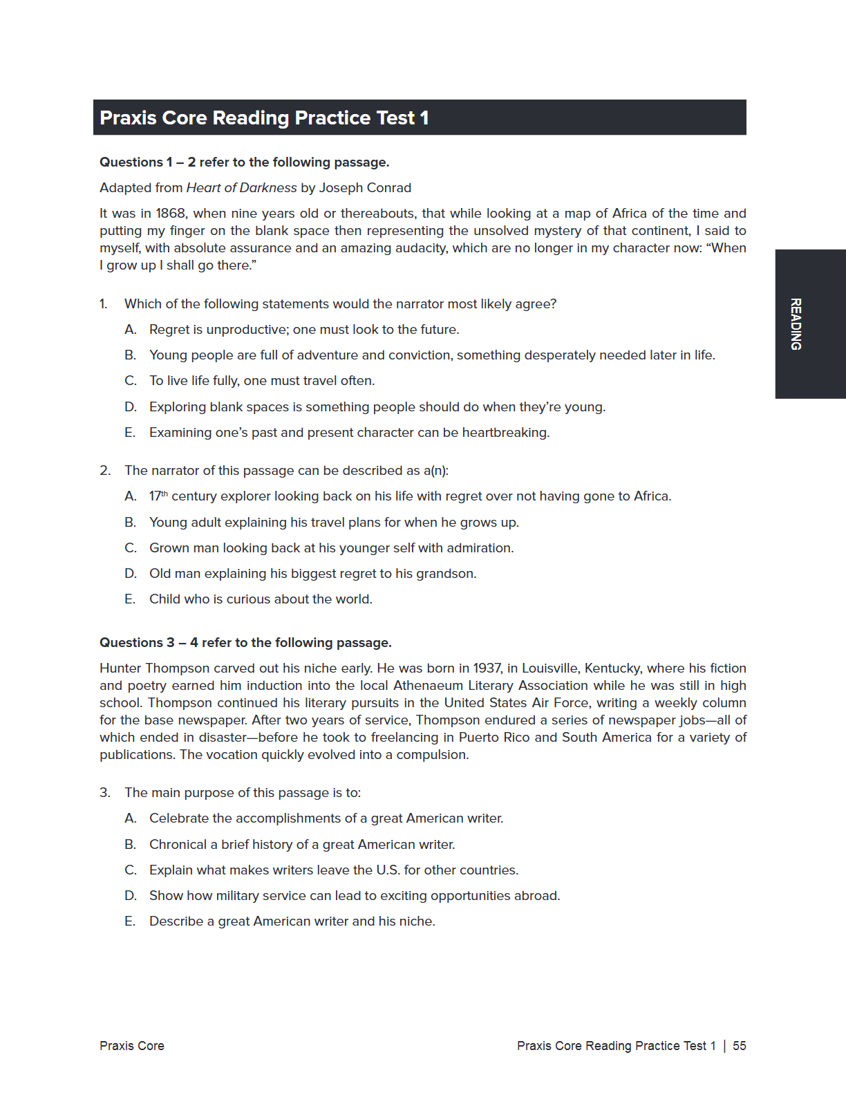 A text-based practice test page titled 'Praxis Core Reading Practice Test 1' with a short passage about space exploration and multiple-choice questions. The page has a white background, black text, and a gray header bar with the Praxis logo and name.