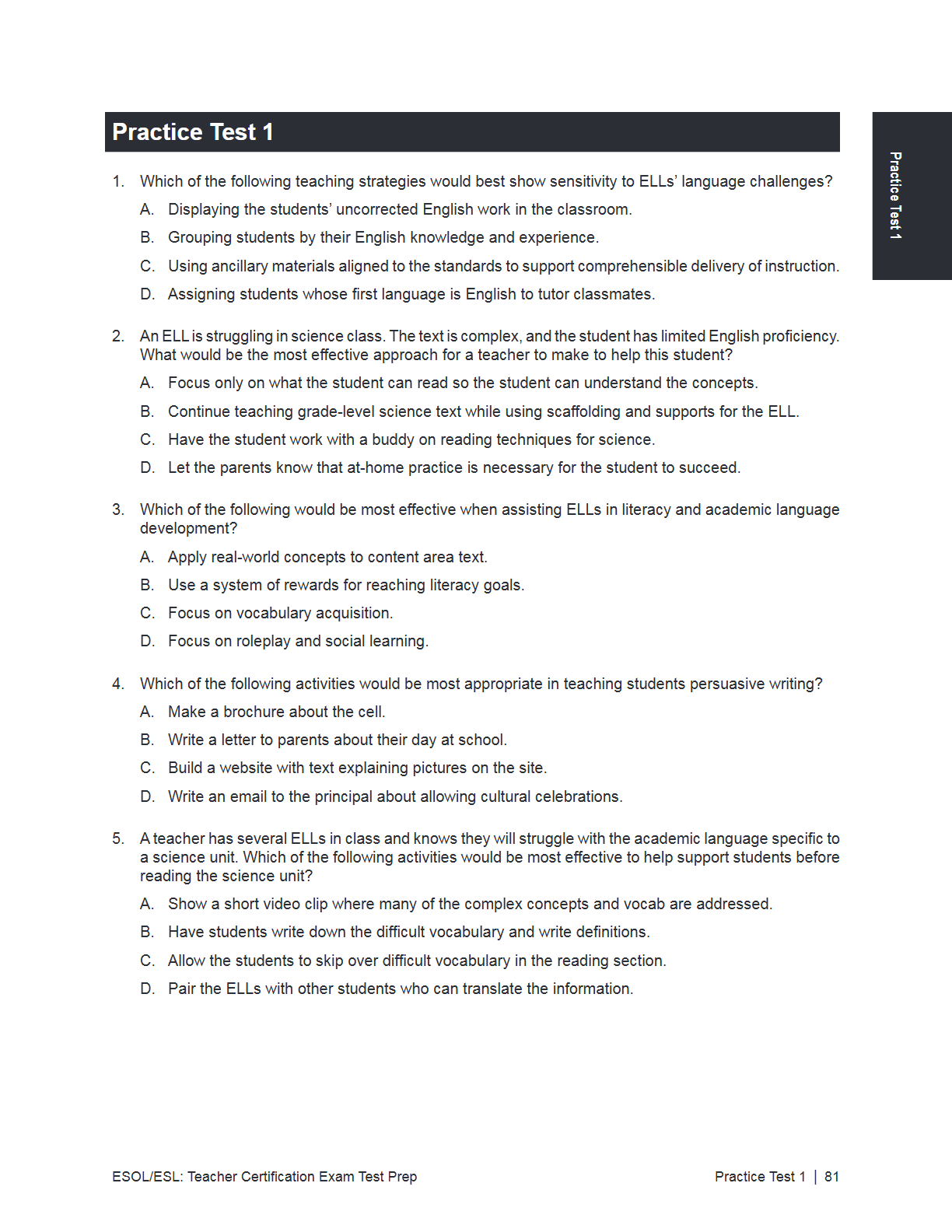 A printed practice test page titled 'Practice Test 1' with multiple reading comprehension questions about ESL/ELL teaching strategies, shown on a white page with a small 'Print Test' box on the right.