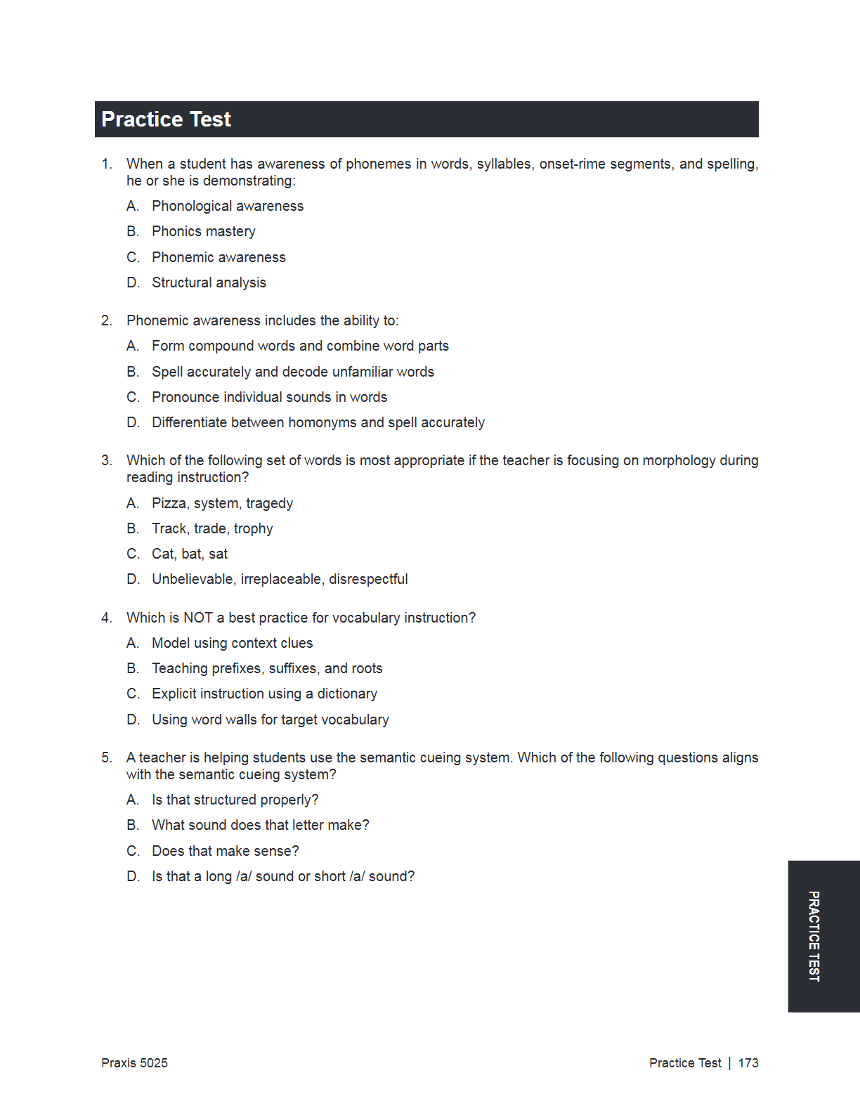A printed practice test page with a black header reading 'Practice Test' and five multiple-choice questions about phonemic awareness, spelling, morphology, and vocabulary. The page is white with black text and small footer text at the bottom.
