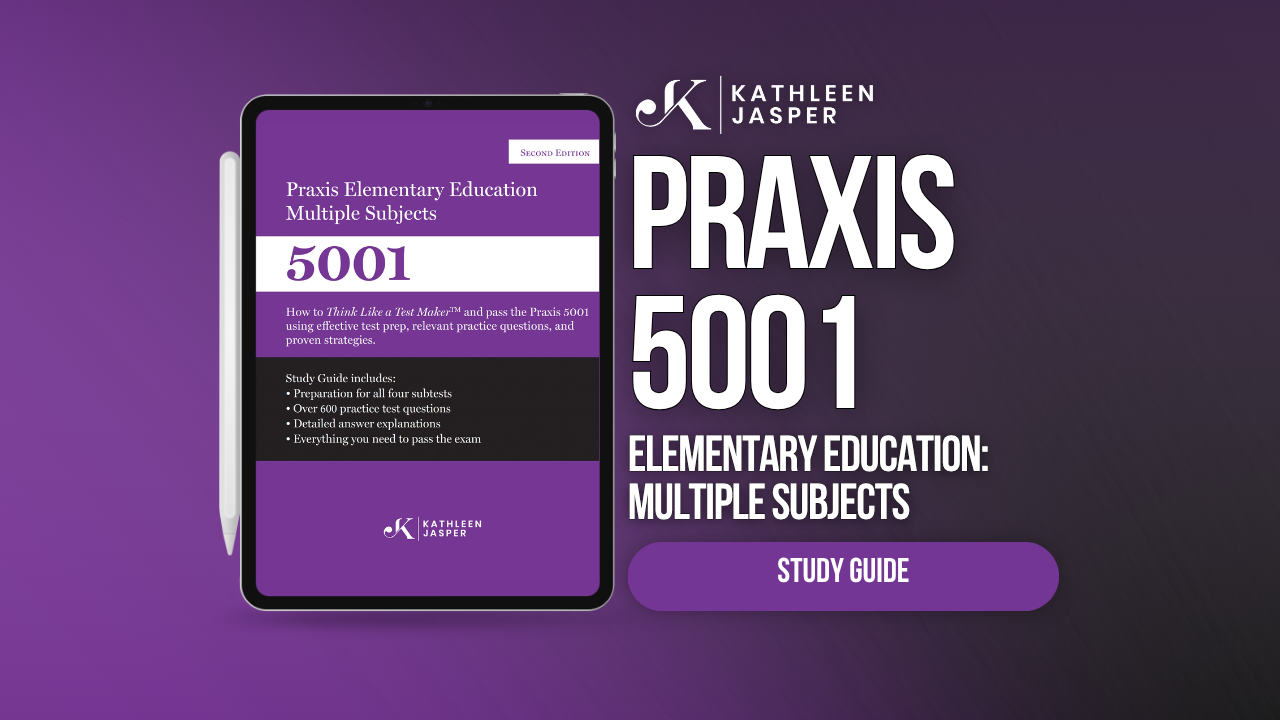 Promotional graphic for the Praxis 5001 Elementary Education: Multiple Subjects study guide by Kathleen Jasper, showing a tablet with the guide cover on a purple gradient background.