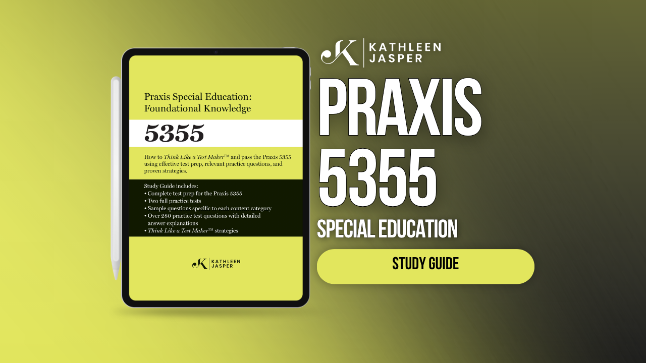 Promotional graphic for the Praxis 5355 Special Education study guide by Kathleen Jasper, showing a yellow and black booklet mockup on a yellow-to-dark-gray gradient background with large white text.