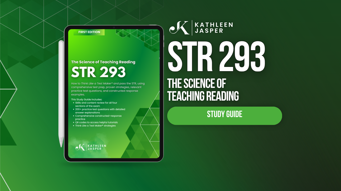 Promotional graphic for the Kathleen Jasper STR 293 Study Guide, showing a tablet with the green cover of the study guide and a stylus on a dark green geometric background with white text.