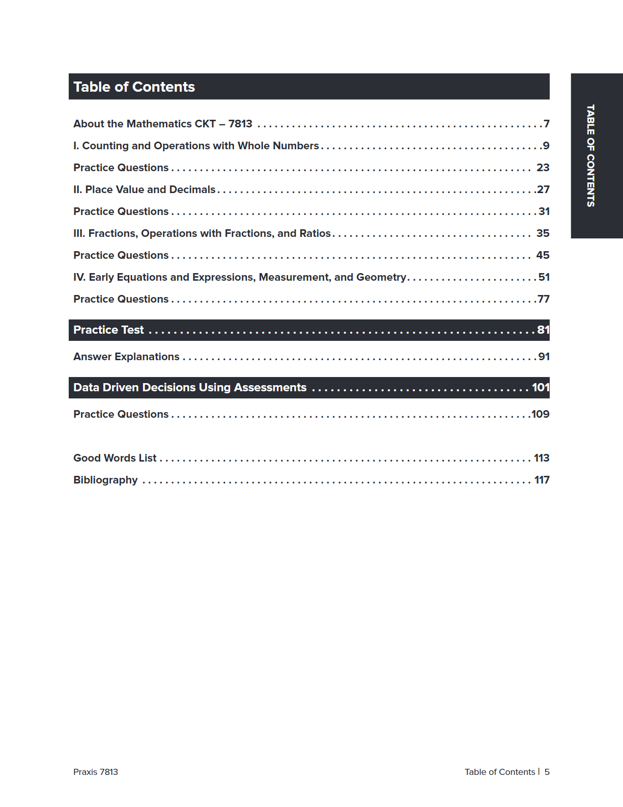 A digital preview of a book's table of contents page, showing the 'Table of Contents' for 'About the Mathematics CKT'. The page features a white background with black text, a black header bar, a vertical black sidebar labeled 'MARK OF CONTENTS', and page numbers at the bottom.