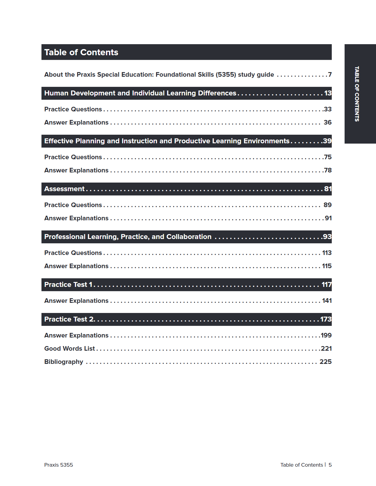 A digital preview of a book's Table of Contents page, showing chapter titles and page numbers for a study guide on special education.