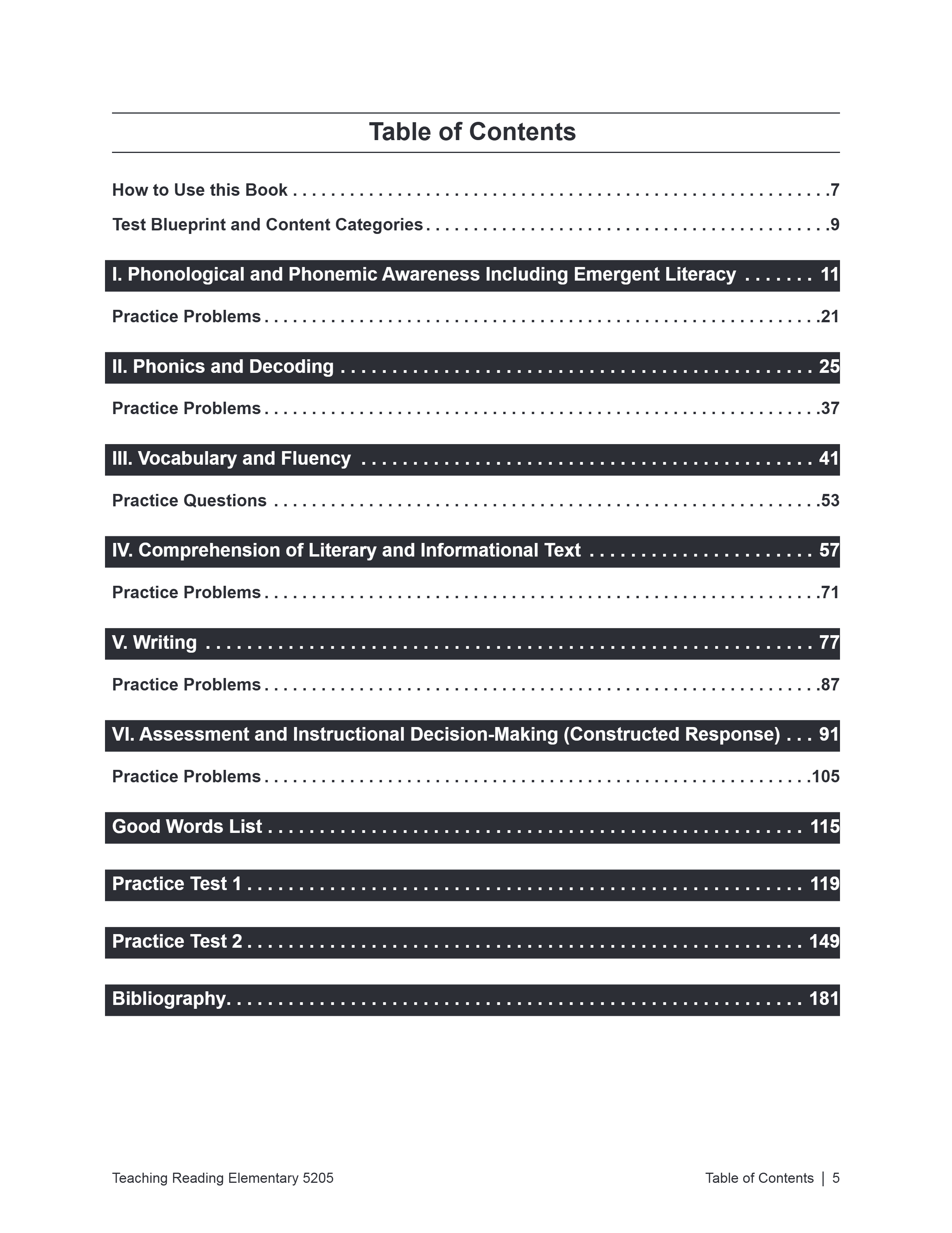 A flat, clean scan of a book's Table of Contents page from 'Teaching Reading Elementary 5/25'. The page features black text on a white background, outlining sections from phonological awareness to writing and assessment, with page numbers at the bottom.