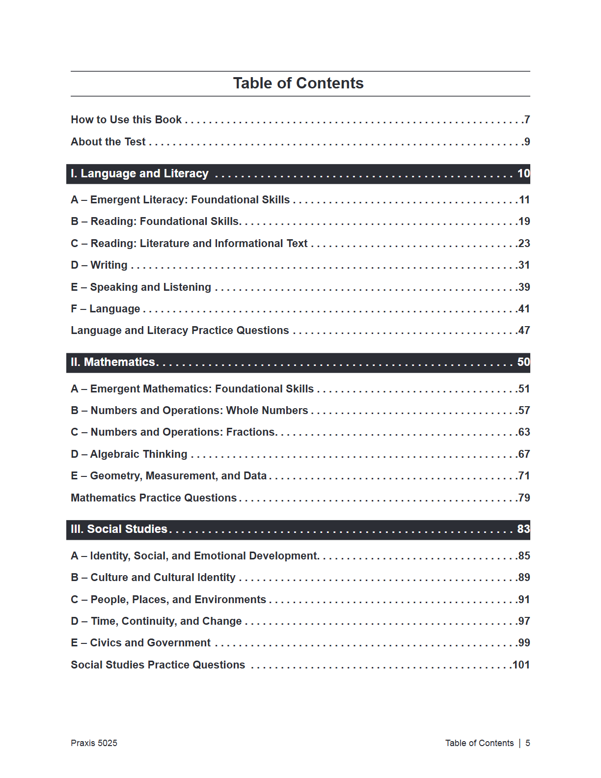 A scanned or photographed page showing the table of contents from a book or workbook, with section headings such as Language and Literacy, Mathematics, and Social Studies, plus page numbers.
