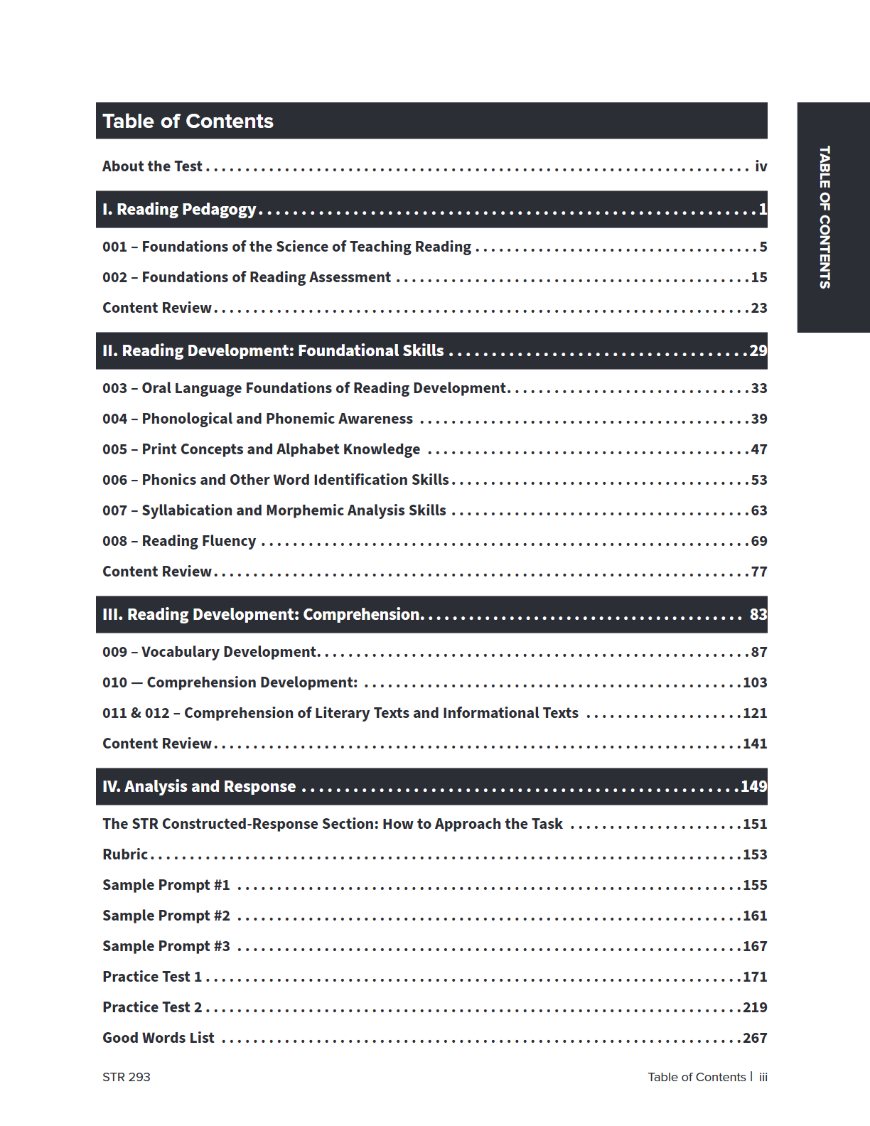 A printed table of contents page from a book or curriculum guide, showing chapter and section headings with page numbers. The left column reads 'Table of Contents,' and the right side lists sections such as I.