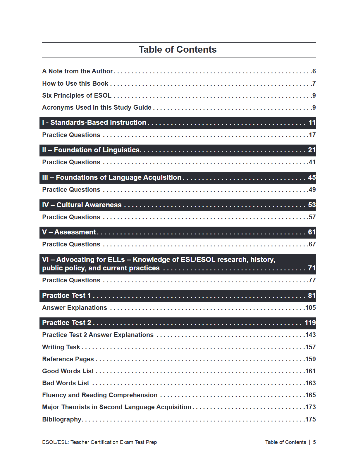 A digital preview of a Table of Contents page from an ESOL/English as a Second Language teacher certification exam test prep book, showing chapter titles, section headings, and practice test page numbers.