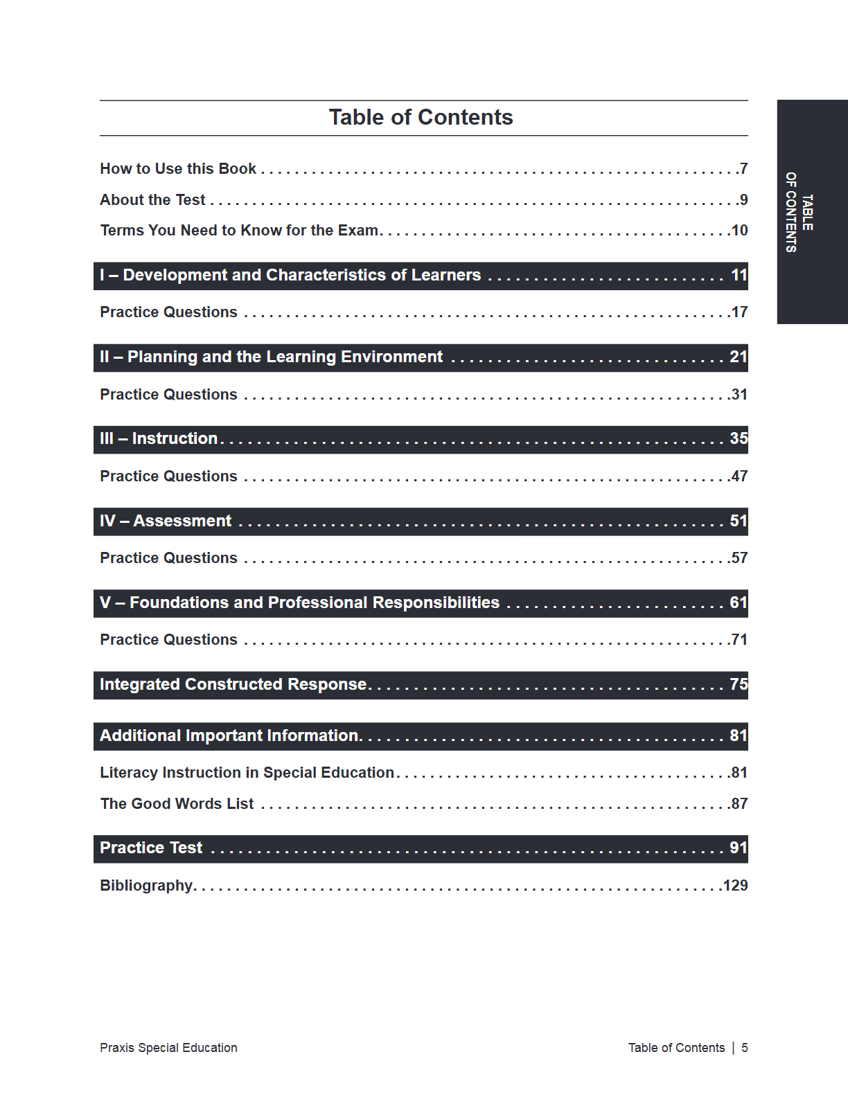 A digital preview of a book's Table of Contents page from 'Special Ed 2025' by Prona Special Education, showing chapter titles, page numbers, and dotted leader lines on a white page.