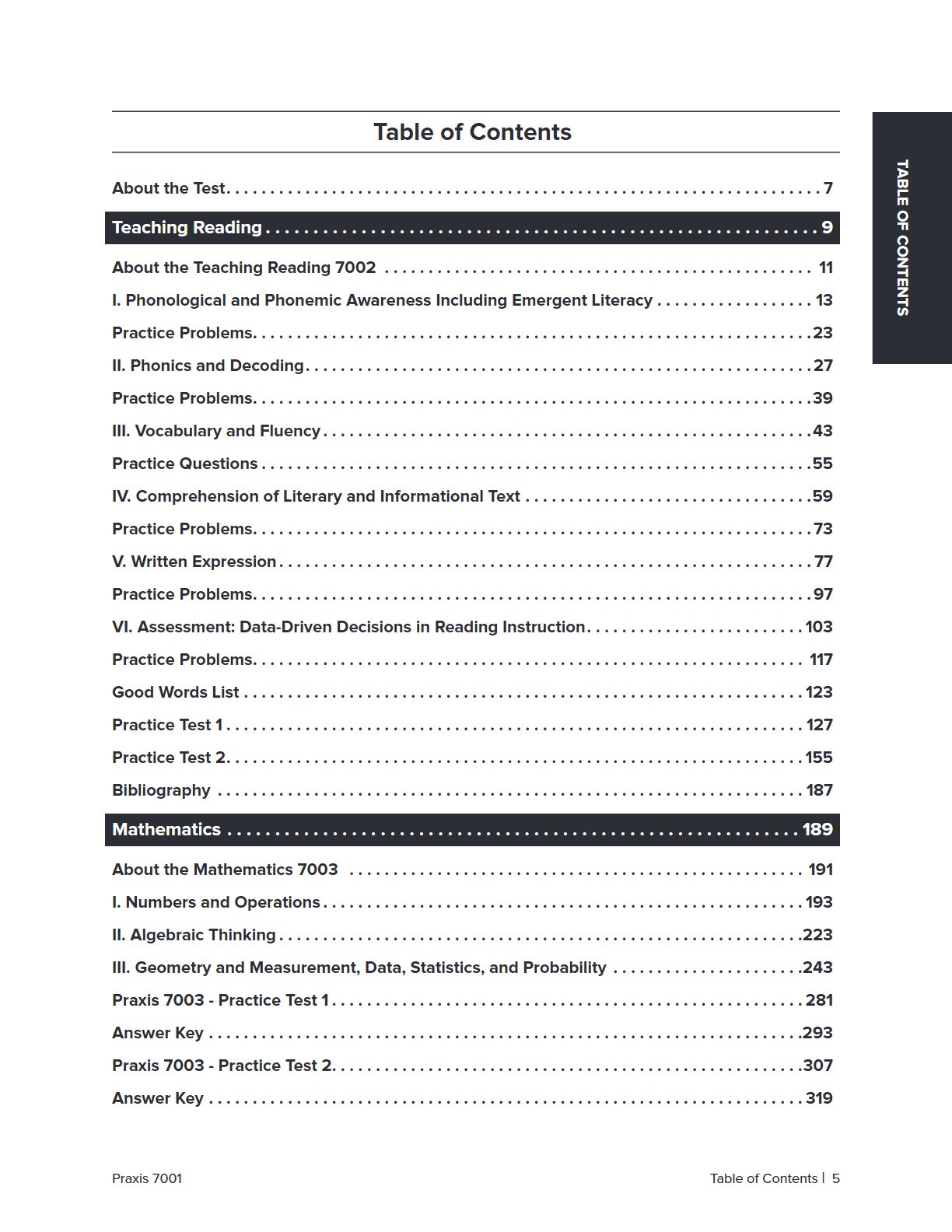 A printed table of contents page from a textbook or educational guide, showing chapter and section headings such as Teaching Reading and Mathematics, with page numbers listed below each section.