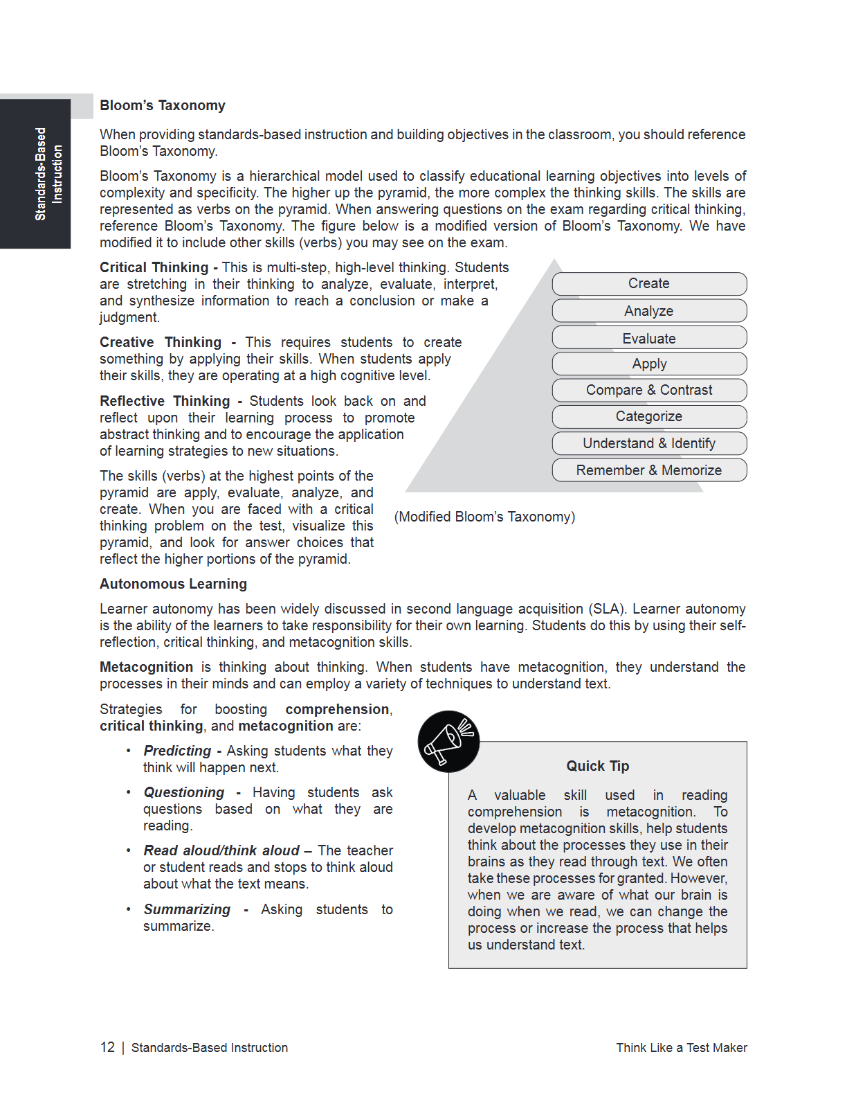A page from a teaching resource titled 'Bloom's Taxonomy' with explanatory text, a modified table of categories, and a 'Quick Tip' box. The page has a white background with black text and a blue header bar at the bottom.