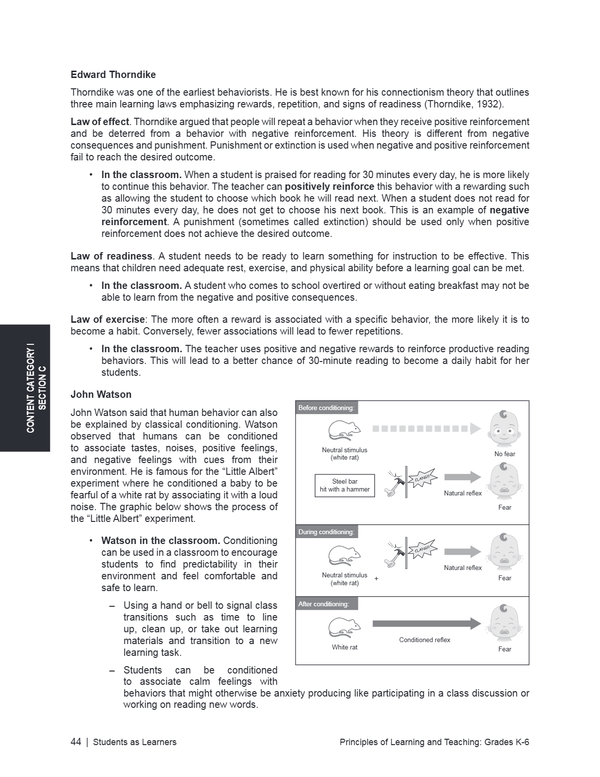 A scanned educational worksheet page titled 'Edward Thorndike' with text explaining his work in behaviorism, including 'Law of effect,' 'Law of readiness,' 'Law of exercise,' and notes about the classroom conditions. The page has a white background with black text and a small logo at the bottom right reading 'Principles of Learning and Teaching Grade 4-6'.